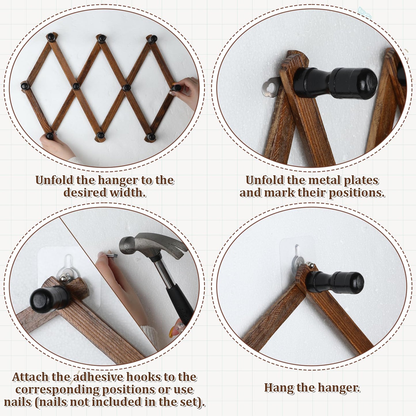 Lyksgir 4 Pcs Accordion Wall Hanger, Wooden Expandable Wall Mounted Hanger, Expandable Coat Rack, X Shape Coat Hooks for Hat, Coats, Coffee Mugs, Scarf, Including 40 Pegs with 8 Adhesive Hook (Brown)