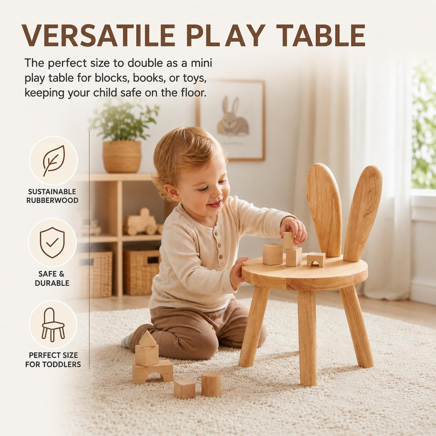 HuiBeans Bunny Chair for Ages 1.5-4 - Small Toddler Wooden Chair with 9.25" Seat Height, Solid Wood Rabbit Stool for Nursery, Playroom & Low Tables, Mini Kids Furniture - 1 Pack