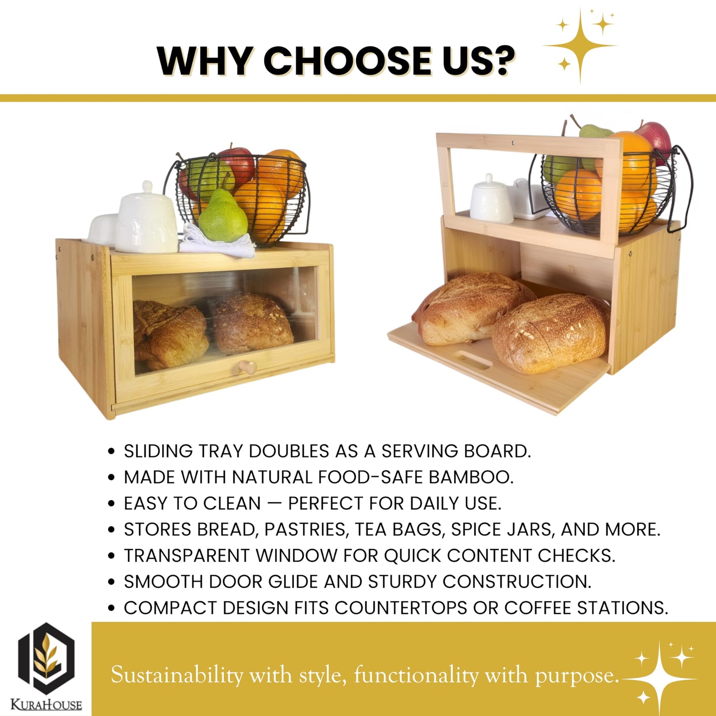 KuraHouse Bamboo Bread Box with Sliding Lid – Large Bread Box with Transparent Window – Bread Holder for Kitchen Countertops – Bamboo Bread Storage Container