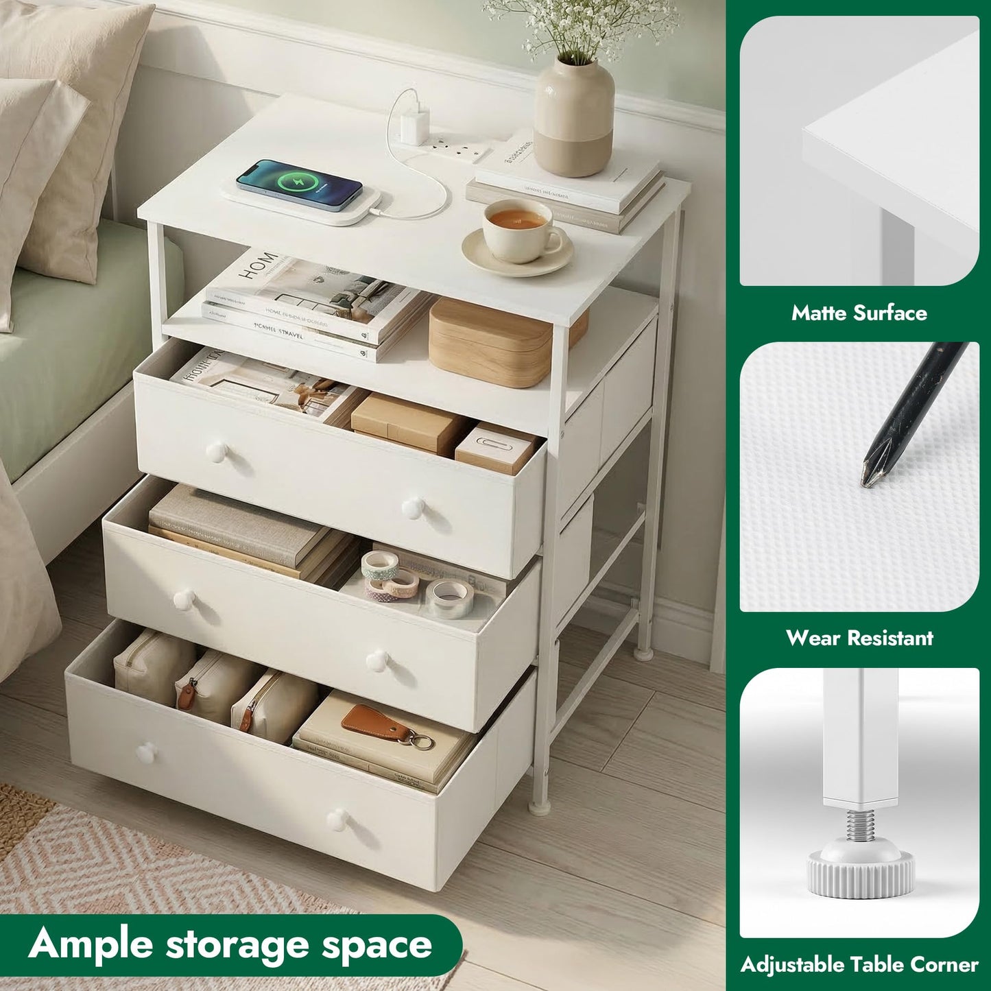 PATAVOT 3-Drawer LED Nightstand with Charging Station, White.