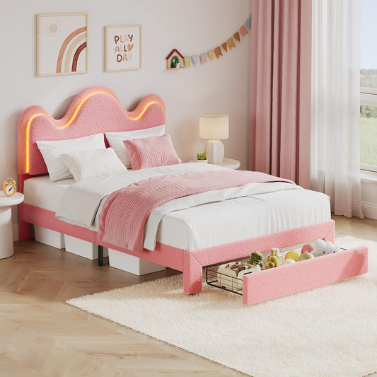 Garvee Full LED Bed Frame with Adjustable Wavy Headboard and Storage Drawer, Upholstered Princess Platform Bed for Kids, Lamb Fleece Fabric, Wooden Slats Support, No Box Spring Needed, Pink