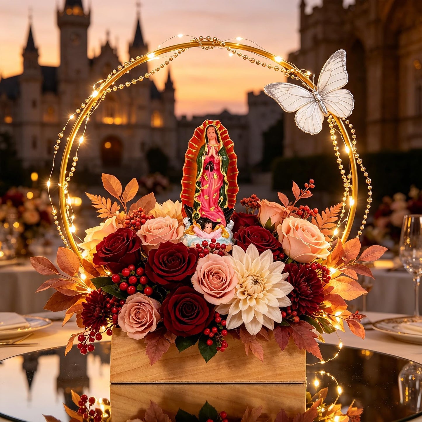 Kuabiz 12 Pcs Our Lady of Guadalupe Wooden Table Centerpieces 3D Virgen De Guadalupe Planter Box with Gold Metal Ring Baptism Favors for Guests Table Decor First Communion Gifts Catholic Favors
