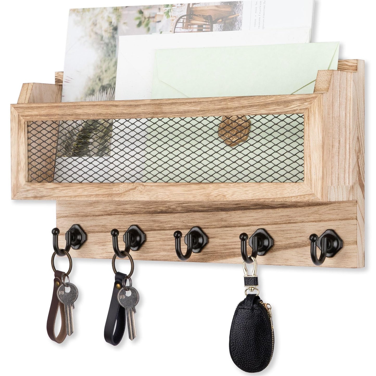 Nekon Mail and Key Holder for Wall Decorative, 11 Inch Wooden Wall Key Organizer with 5 Key Hooks, Wall Mount Storage Shelf for Entryway Hallway (Wood)