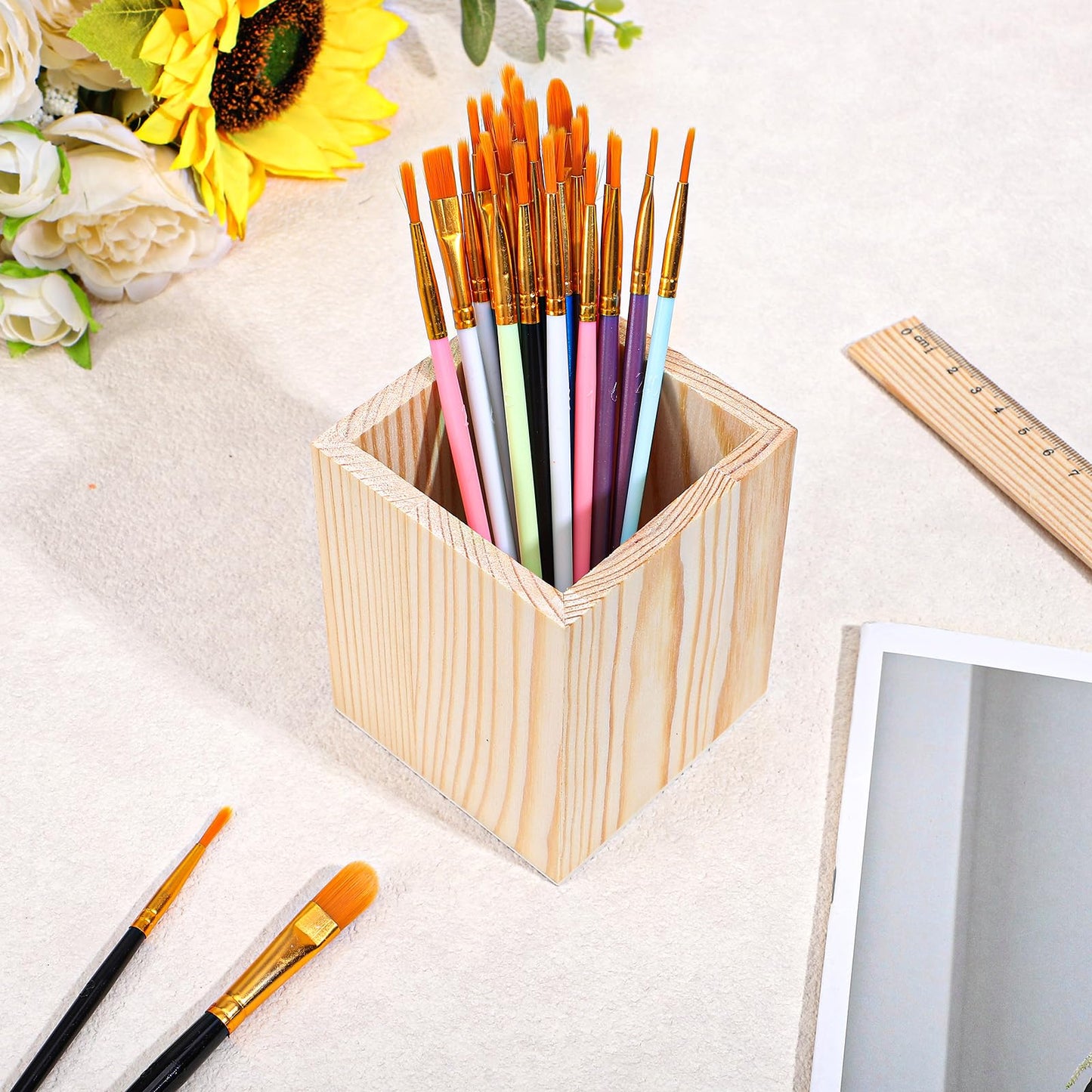 12 Pack Wood Pen Holder Unfinished Pine Wood Pencil Cup for DIY Crafts, Office Desk Organizer, 3 x 3 x 4 Inch Natural Square Wooden Holder for Pens Markers Scissors