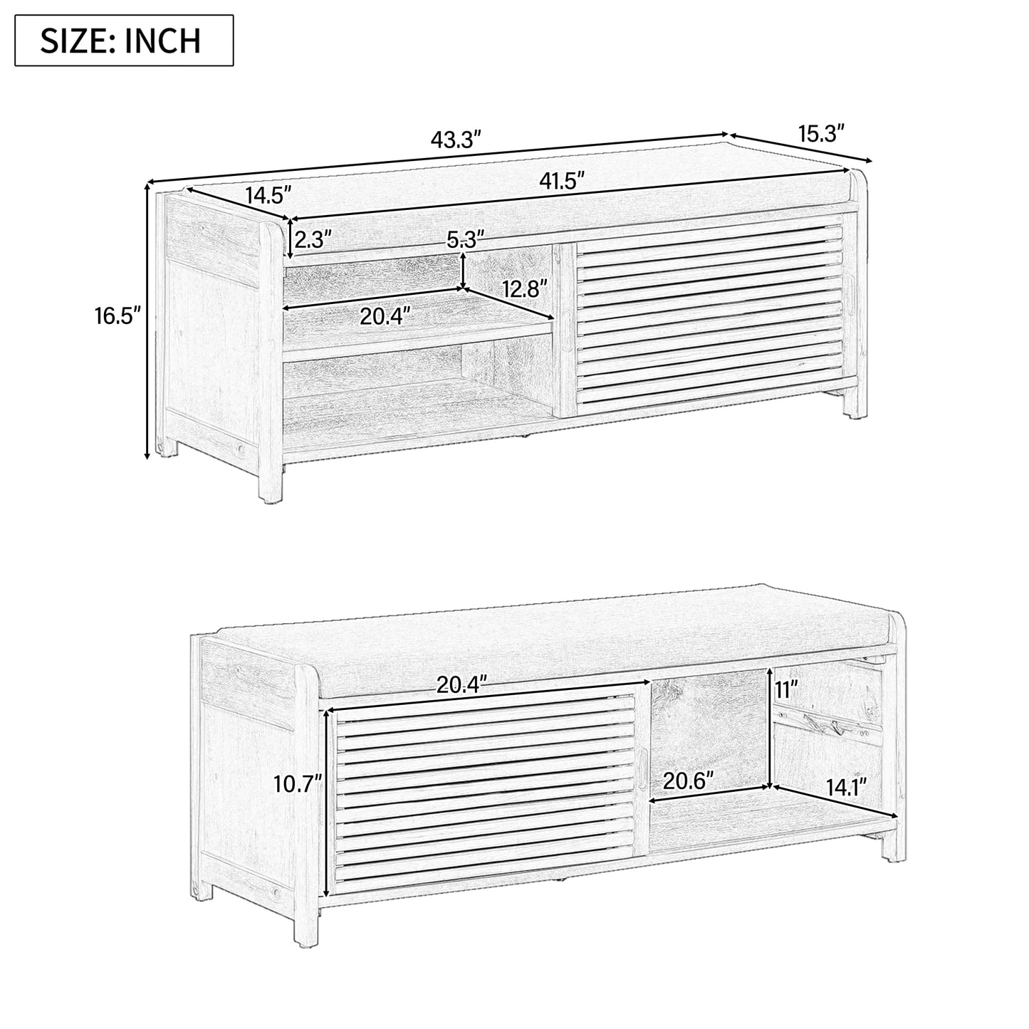 Ball & Cast Entryway Storage Bench with Shutter Doors, 43.3" Wooden Shoes Organizer, Modern Movable Upholstered Seat Entryway Shoe Rack Cabinet for Hallway Living Room, Natural White