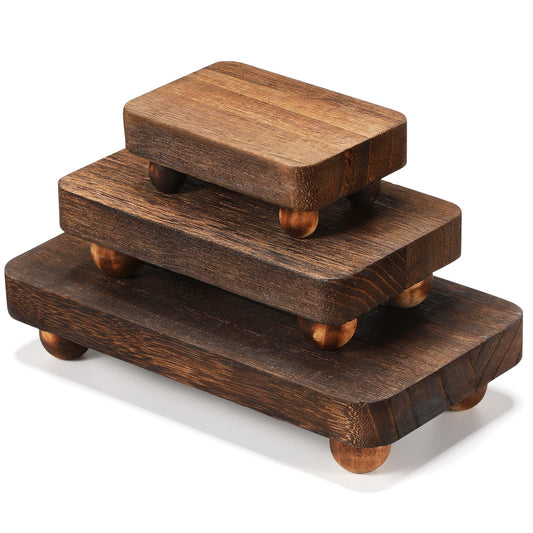 Maitys 3 Pcs Wooden Risers for Display Pedestal Stand Wooden for Decor Farmhouse Vintage Rustic Stackable Kitchen Stand Tray Riser, 3 Sizes(12 x 6.7, 8 x 4.7, 4 x 2.8 in,Brown)