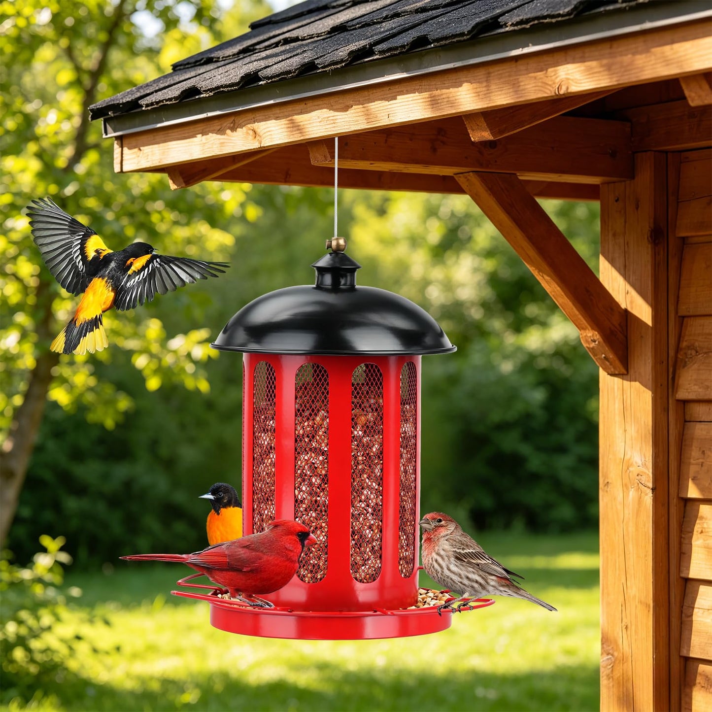 IWNTWY Bird Feeder, Large Capacity Bird Feeders for Outdoor Hanging, Heavy Duty Metal Wild Birdfeeder for Outside Garden Yard Decor, Retro Lantern Shape (Red)