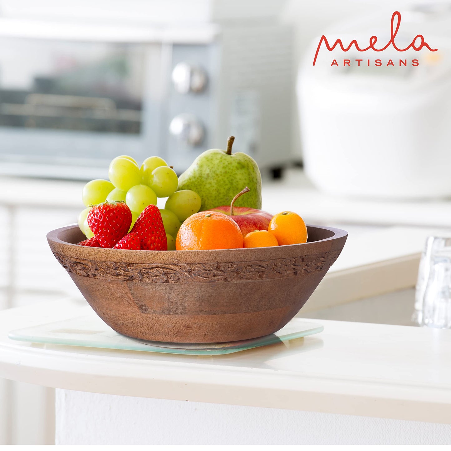 Mela Artisans 12” Mango Wood Bowl – Jasmine Medium Burnt Finish – Handcrafted Wooden Fruit Bowl for Kitchen Counter & Table Display