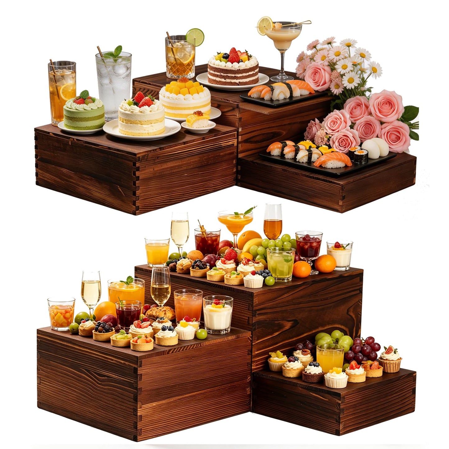WQLLWFC 6 Pack Wooden Buffet Risers 12inch Square Wood Cupcake Dessert Food Display Stands, Rustic Buffet Catering Supplies Display for Party, Wedding, Catering, Birthday and Home Decor