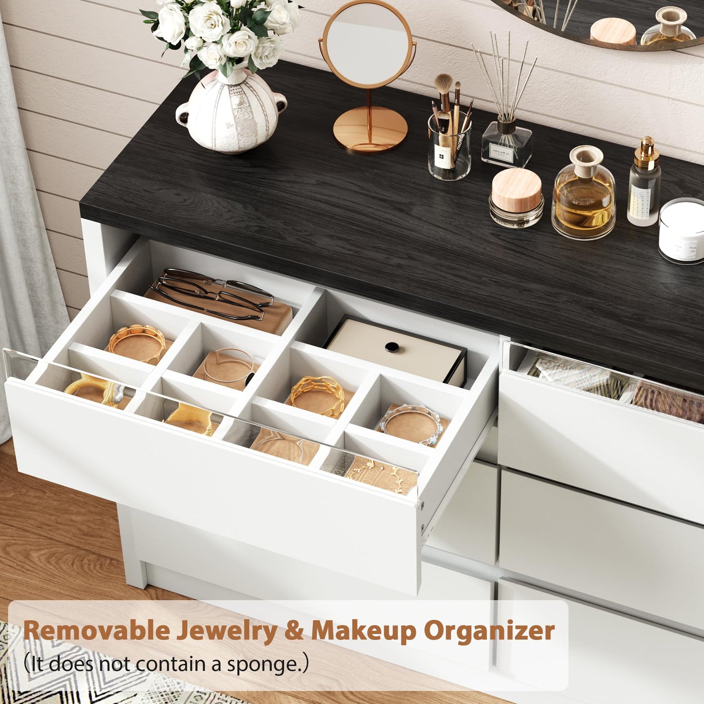Jocoevol White 6 Drawer Dresser for Bedroom with LED Light, Modern Large Chest of Drawers, Wood Storage Double Dresser with Deep Drawers for Living Room, Entryway, Hallway, White