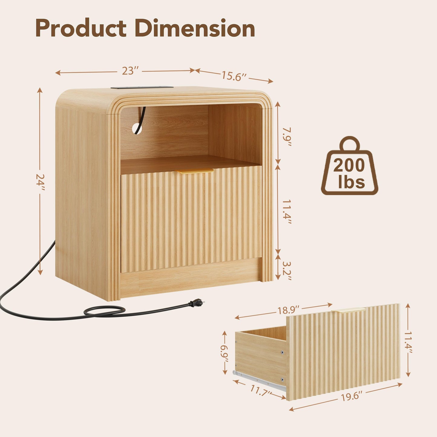 Decofy Fluted Nightstand with Charging Station, 23'' Wide Beside Table with Drawers & Open Shelf, Mordern Large Night Stand with Curved Corners, Wood End Table for Bedroom, Oak