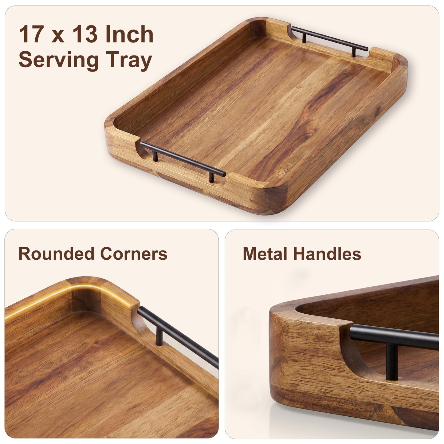 ZUJJAFY Serving Tray with Metal Handles, 17 x 13 in Acacia Wood Tray for Serving Food, Ottoman Decorative Tray Platter for Coffee Table, Living Room, Bar, Party