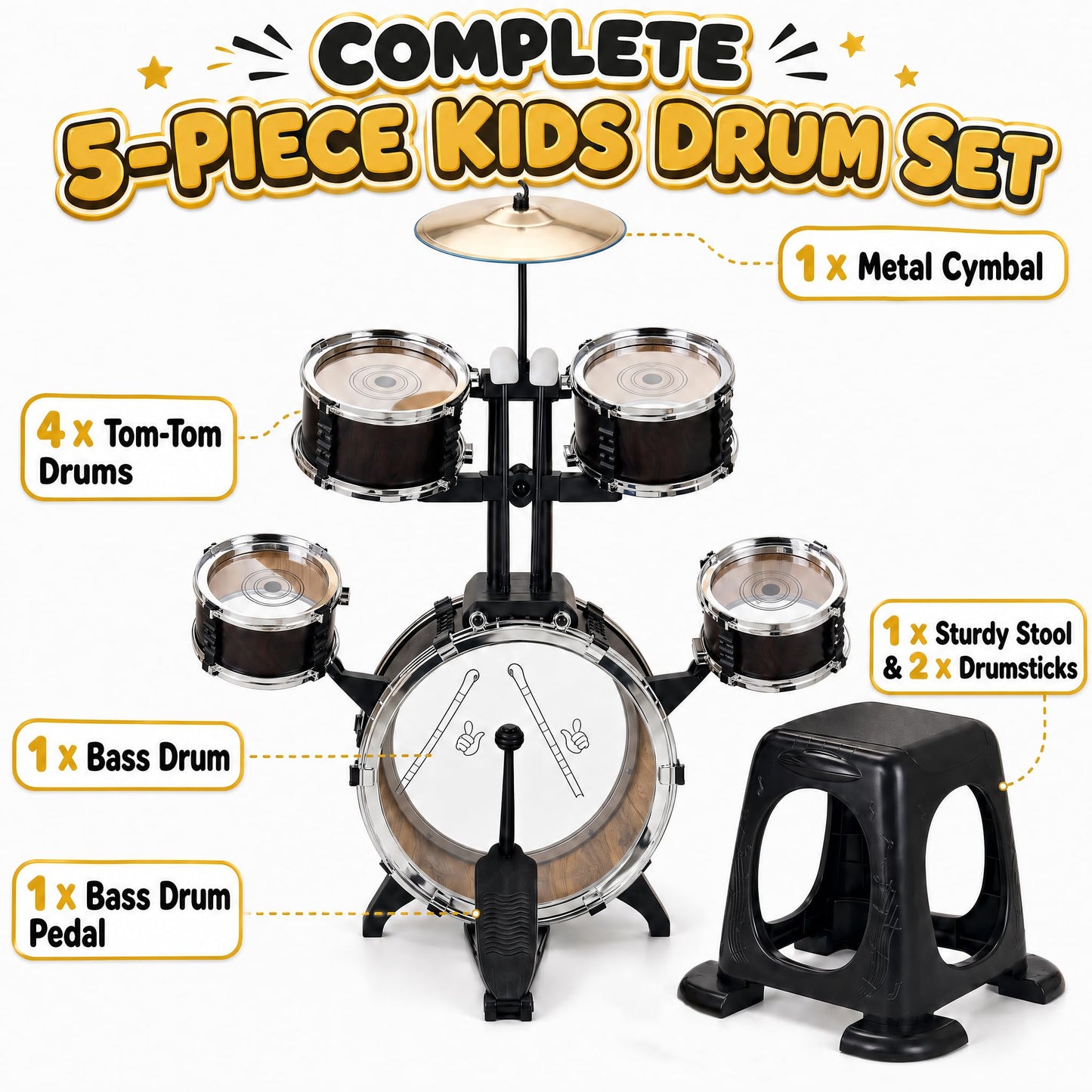 Soundo Kids Drum Set for Toddlers 3-5, 5 Piece Junior Drum Kit with Upgraded Heavy-Duty Anti-Tip Stool, Wood Grain Musical Instruments Toy for Boys & Girls, Birthday Gift for Age 3 4 5 6