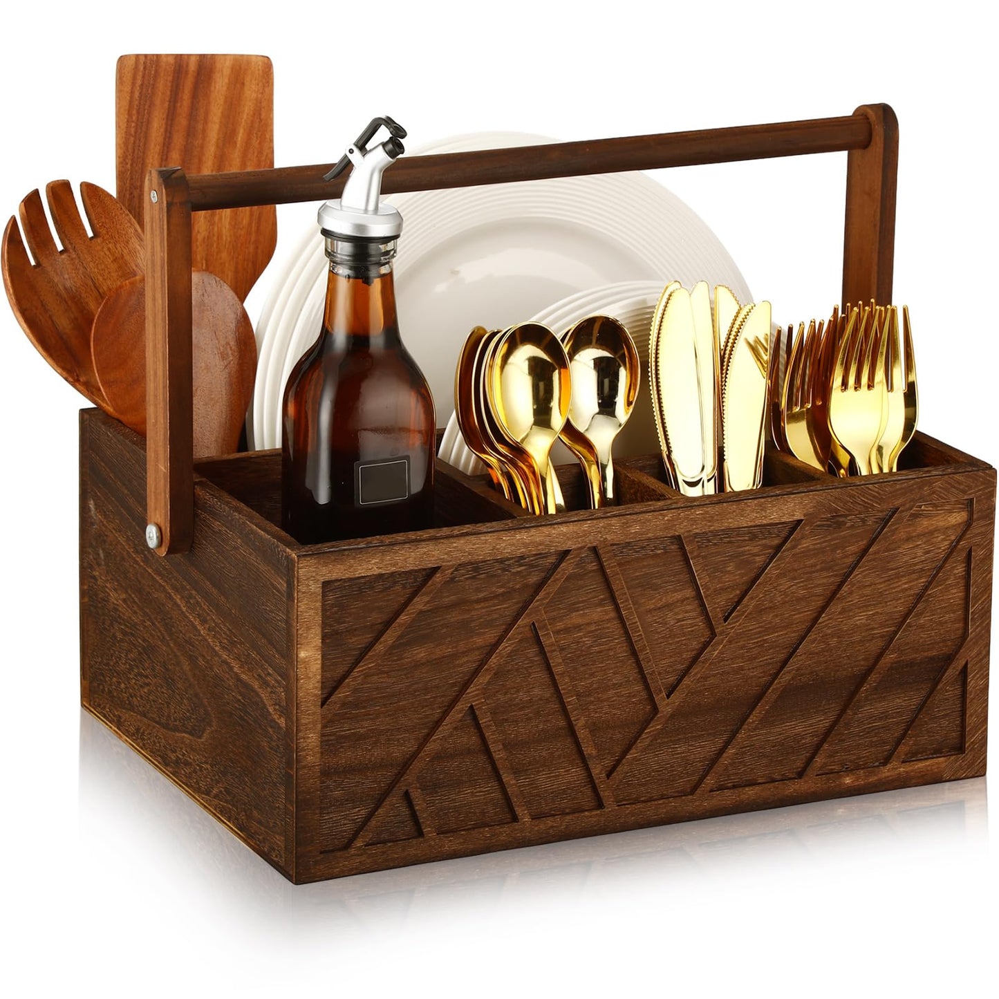 LemonRoad 13 Inch Rustic Silverware Caddy with Handle Wooden Flatware Utensil Holder Paper Plate and Silverware Caddy Organizer Cutlery Holder for Kitchen Countertop Picnic Cups Forks Napkins(Brown)