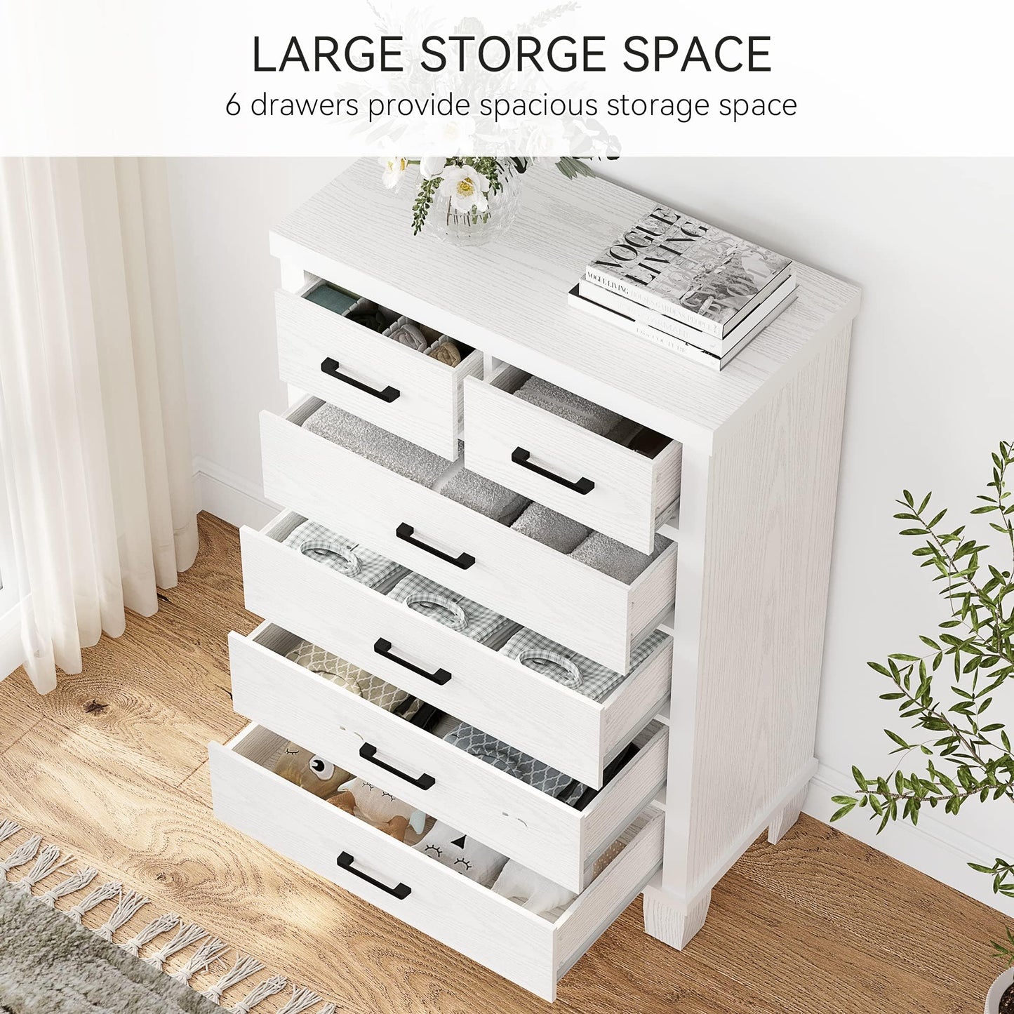 IDEALHOUSE Dresser for Bedroom with 6 Drawers, 45" Tall White Chests of Drawers with Storage, Wooden Dresser for Closet, for Bedroom, Living Room, Entryway