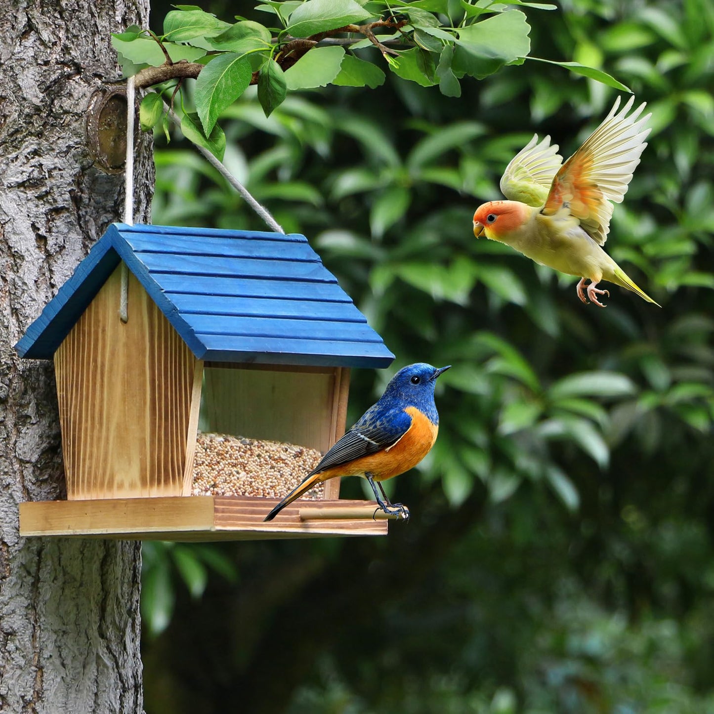 Cedar Wooden Bird Feeders for Outdoors Hanging– Large, Weatherproof Wild Bird House Feeder–Pre-Assembled, Hopper Design, Anti-Squirrel, Easy Fill for Cardinals, Bluebirds, Oriole & Finches