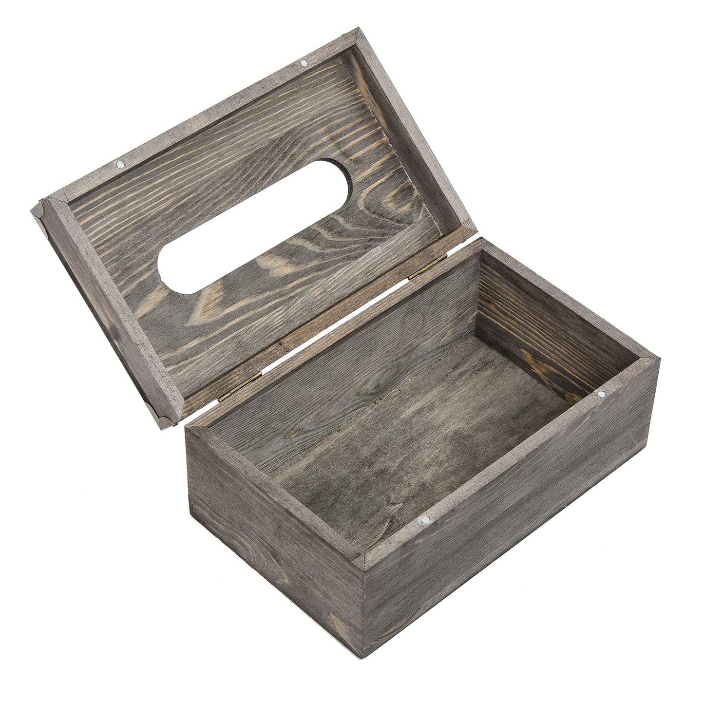 Liry Products Rustic Gray Distressed Wood Facial Tissue Paper Box Metal Corner Brackets Hinge Lid Top Cover Torched Wooden Holder Standard Size Rectangular Napkin Dispenser Bathroom Kitchen Bedroom