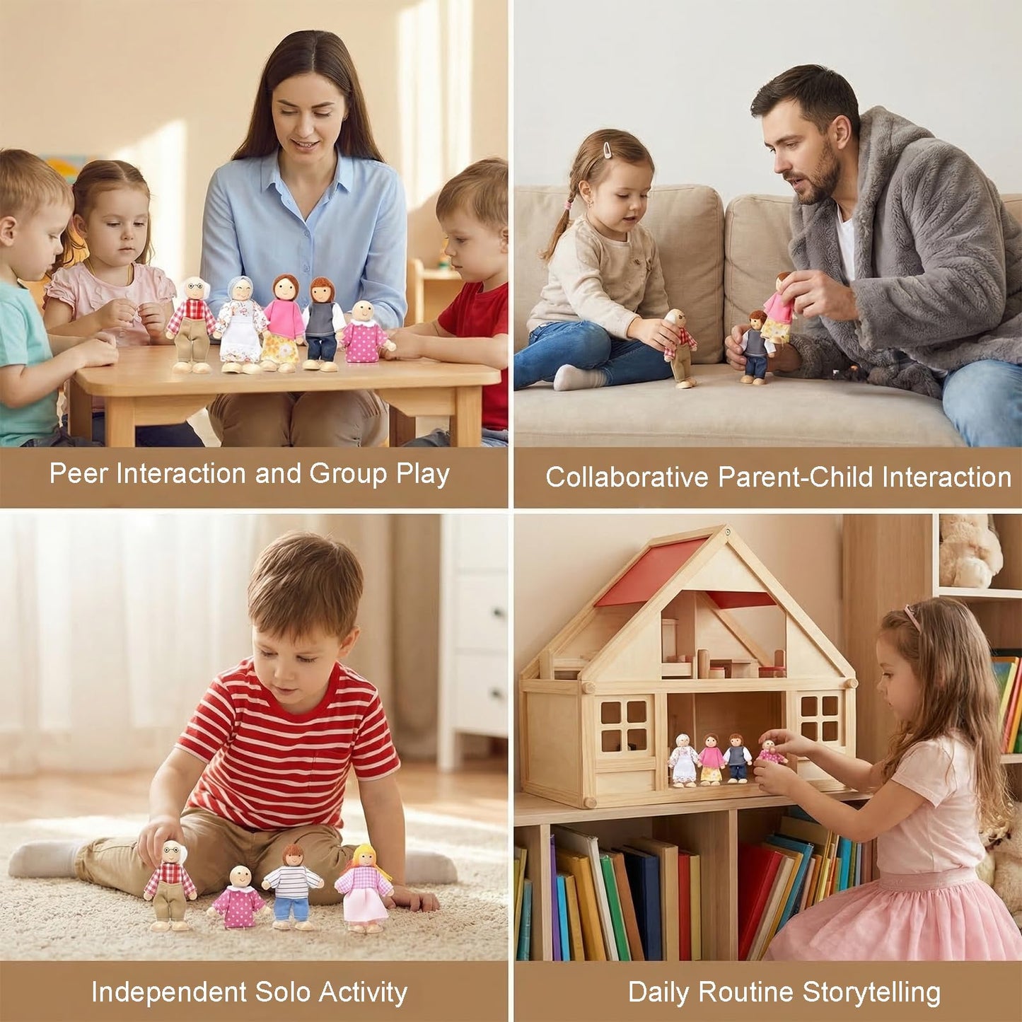 Handlive 7-Piece Wooden Dolls for Dollhouse Family Set, Mini People Figures for Doll House People Role Play