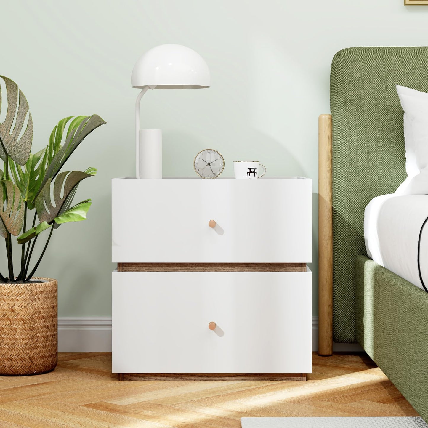 Giantex Modern Nightstand with 2 Storage Drawers, Wooden Night Stand with Raised Edge, Floor Sofa Side Table, 2-Drawer Bedside Table for Bedroom Small Spaces, 18" W x 15.5" D x 18" H, Natural & White