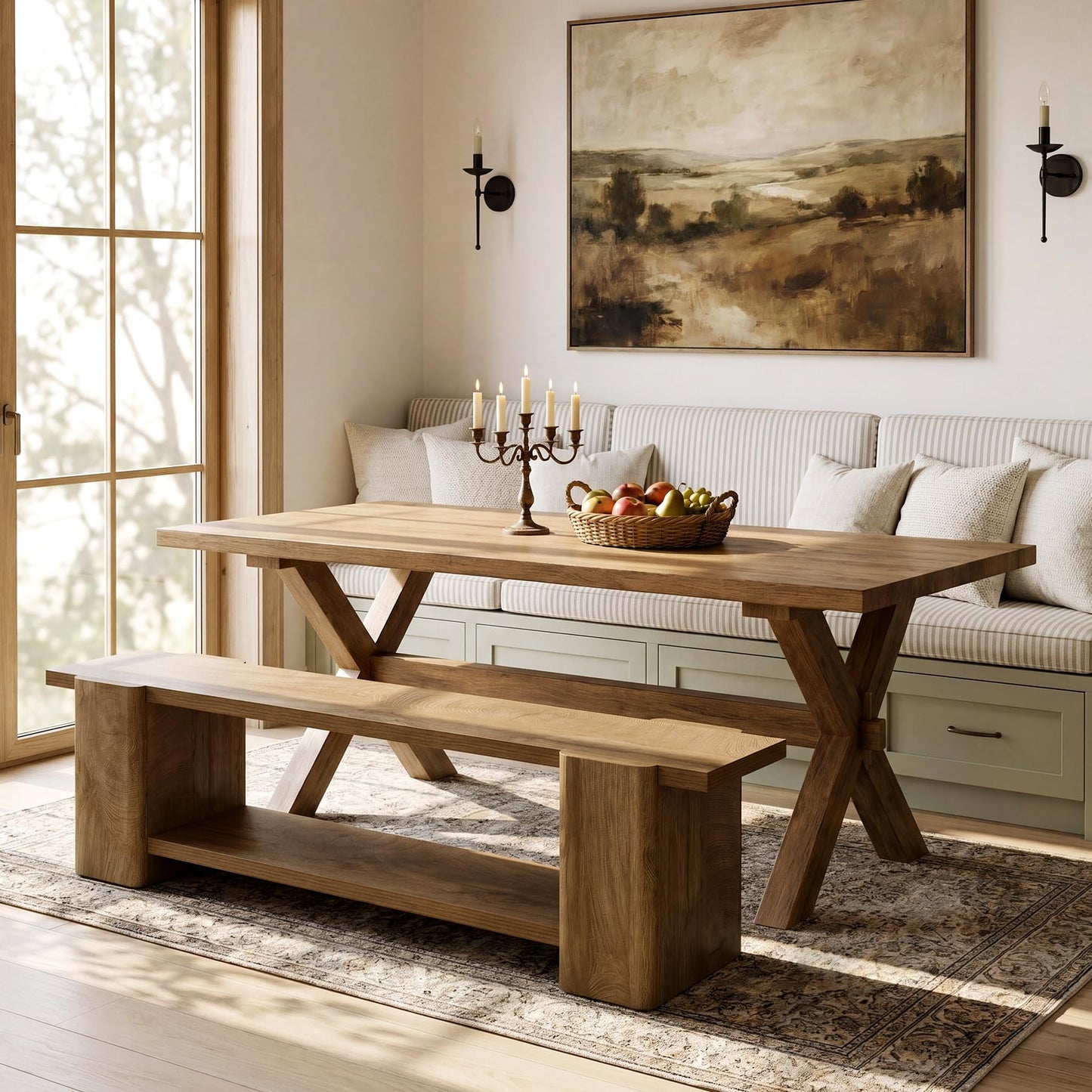 LITTLE TREE Wood Entryway Bench, 63" End of Bed Bench with Storage Shelf, Farmhouse Extra Long Shoe Bench for Entryway, Dining Room, Hallway, Living Room, Bedroom, Double-Reinforced Legs, Natural Oak