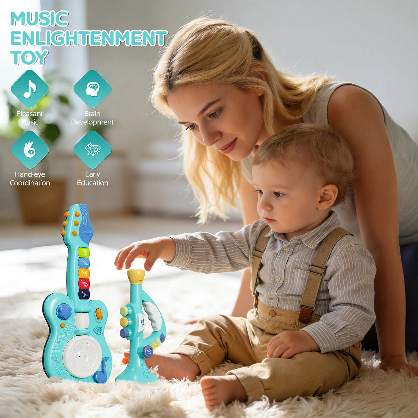 DOLPH HUG Toddler Montessori Musical Instruments Set — Trumpet & Guitar Toy for Kids Ages 2–5 | Preschool Learning, Sensory & Creative Play | Birthday Gift for Boys & Girls Blue