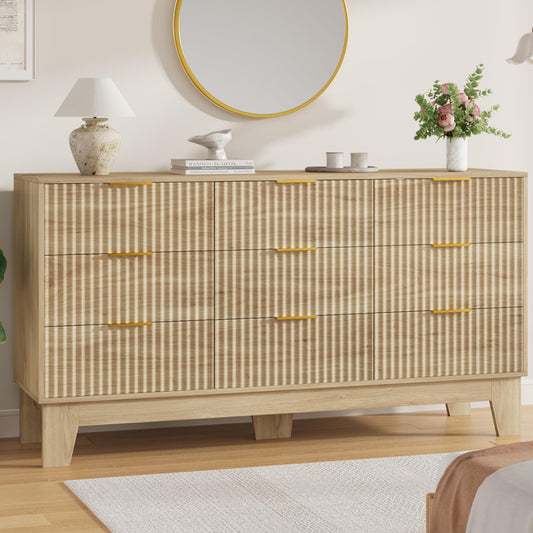 Garvee 9 Drawer Dresser for Bedroom, 59" Wide Fluted Chest of Drawers with Metal Handle, Modern Wooden Dresser TV Stand, Clothes Storage Organizer Wood Closet for Hallway, Entryway, Natural Oak