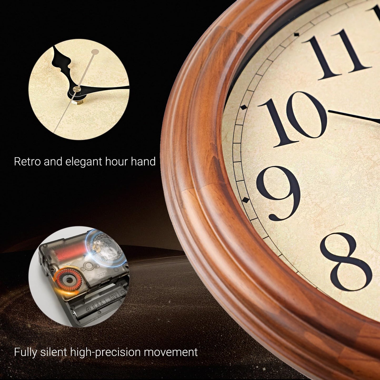 ZELVON amusediy 16-Inch Wood Wall Clock with Large Numbers, Retro Round Brown Clock Wall, Silent Non-Ticking for Living Room, Kitchen Wall Clocks