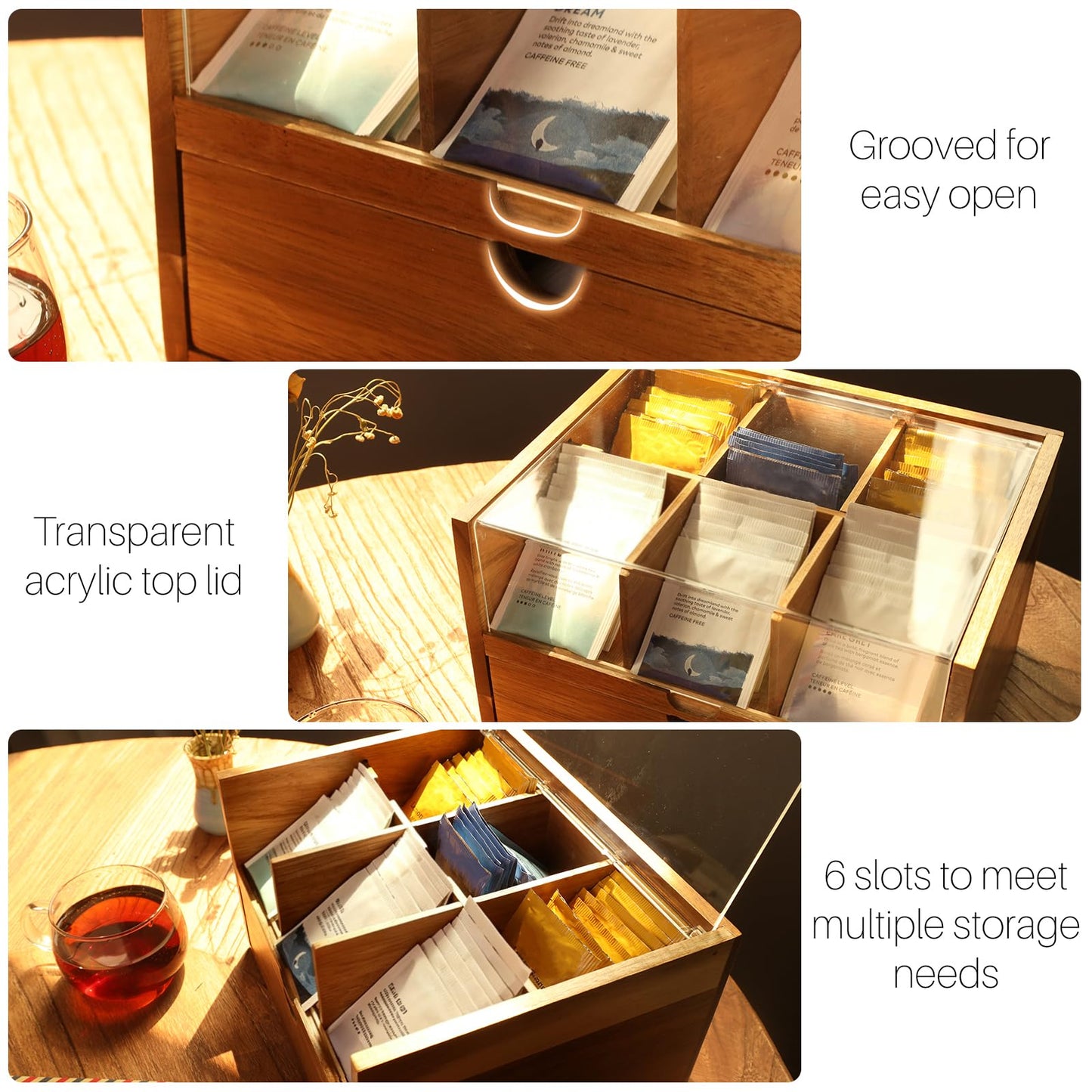 HTB Acacia Wood Tea Organizer 2 Tier with Drawer,Large Capacity
