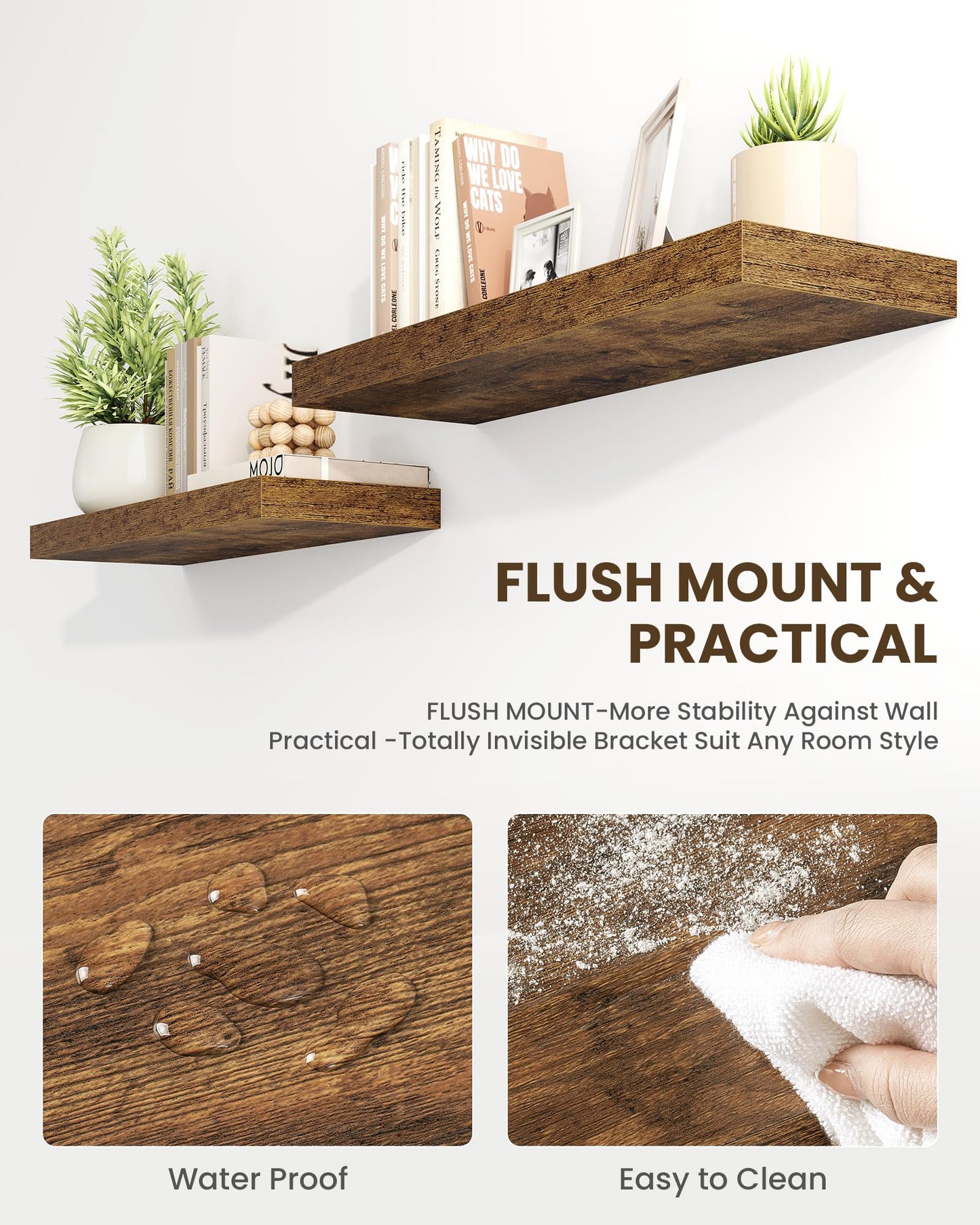 Marsmiles 72" Floating Shelves for Wall, Wooden Shelves with Invisible Brackets Set of 2, Rustic Farmhouse Wall Mounted Shelf for Kitchen Bathroom Living Room Study, Rustic Brown