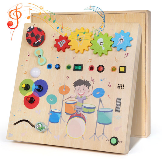 Montessori Busy Board for Toddlers,Wooden Sensory Toys with Wooden Drum Musical Toy,LED Lights,Switches,Learning ActivityBoard for Fine Motor Skills, Travel Toy Fidget Board for Baby Boy & Girl