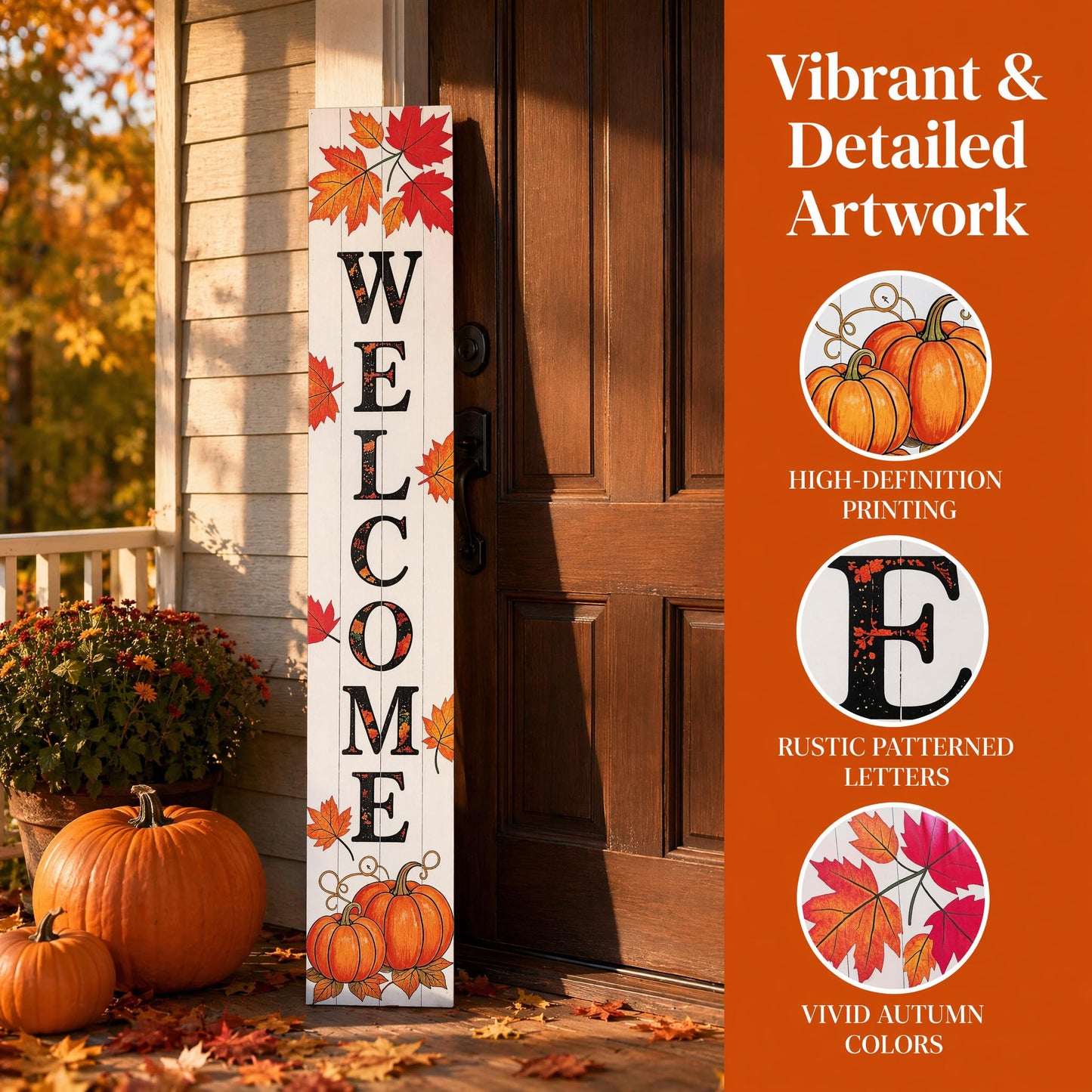 Hentonwell Vertical Wooden Fall Welcome Porch Sign,Rustic Autumn Porch Standing Sign,Decorative Leaning Sign for Front Entrance,Farmhouse Style Outdoor Welcome Decoration-47.2" H.