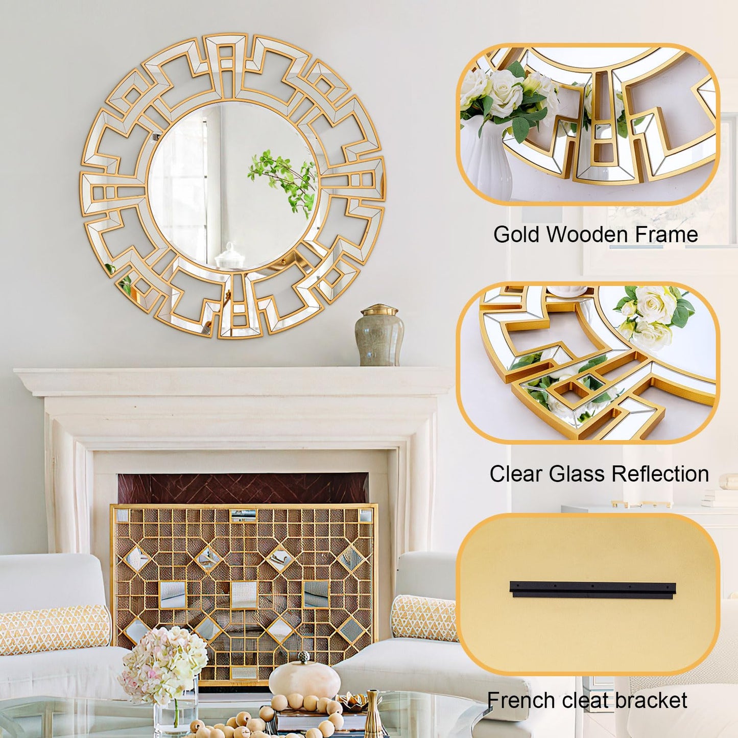 Chende Gold Mirror with Wooden Frame, 36'' Round Mirror for Wall Decorative, Large Wall Mirror for Living Room, Entryway, Fireplace