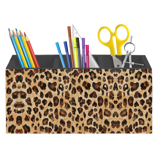 QEJ Leopard Print Pen Holder for Desk, Cheetah Print Room Decor, Cheetah Animal Wooden Box Pencil Pen Organizer for Home Office Desk Tabletop