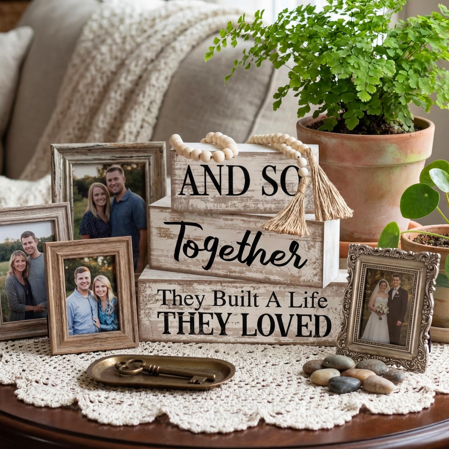 4 Pcs Farmhouse Home Decoration Wooden Tabletop and So Together They Built a Life They Loved Decor Motivational Tiered Tray Decor Rustic Block Sign Retro Bead Garland Table Centerpiece for Shelf Desk