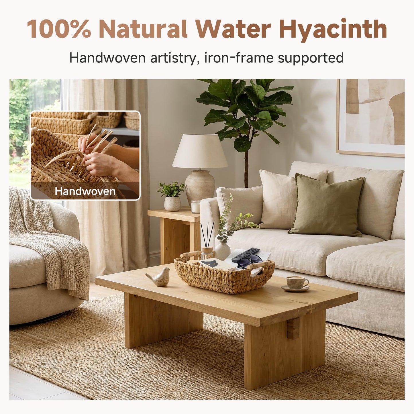 StorageWorks Hand-Woven Storage Baskets with Wooden Handles, Water Hyacinth Wicker Baskets for Organizing, 2 Pack