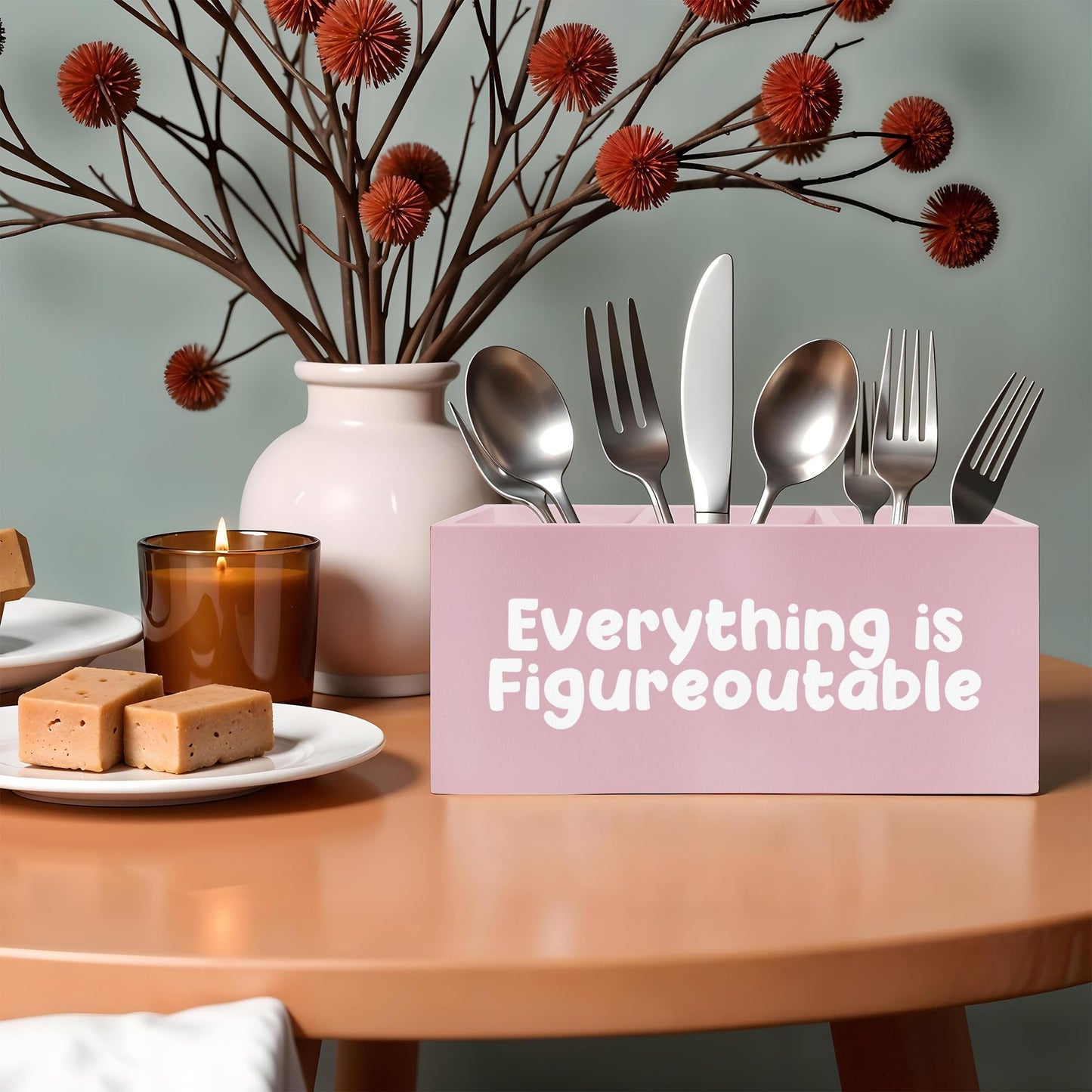 FITIE Everything Is Figureoutable Makeup Brush Toothbrush Holder, Preppy Coquette Pink Wooden Pen Pencil Holder Organizer for Dorm Bedroom Desk Accessories, Inspirational Gifts for Women