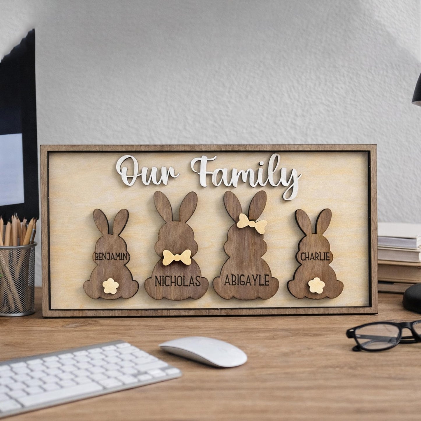 Personalized Bunny Family Sign – Custom Wooden “Our Family” Easter Bunny Name Plaque, Rustic Layered Rabbit Home Decor for Spring, Mantel, Shelf, Farmhouse Gift for Mom & Family 1