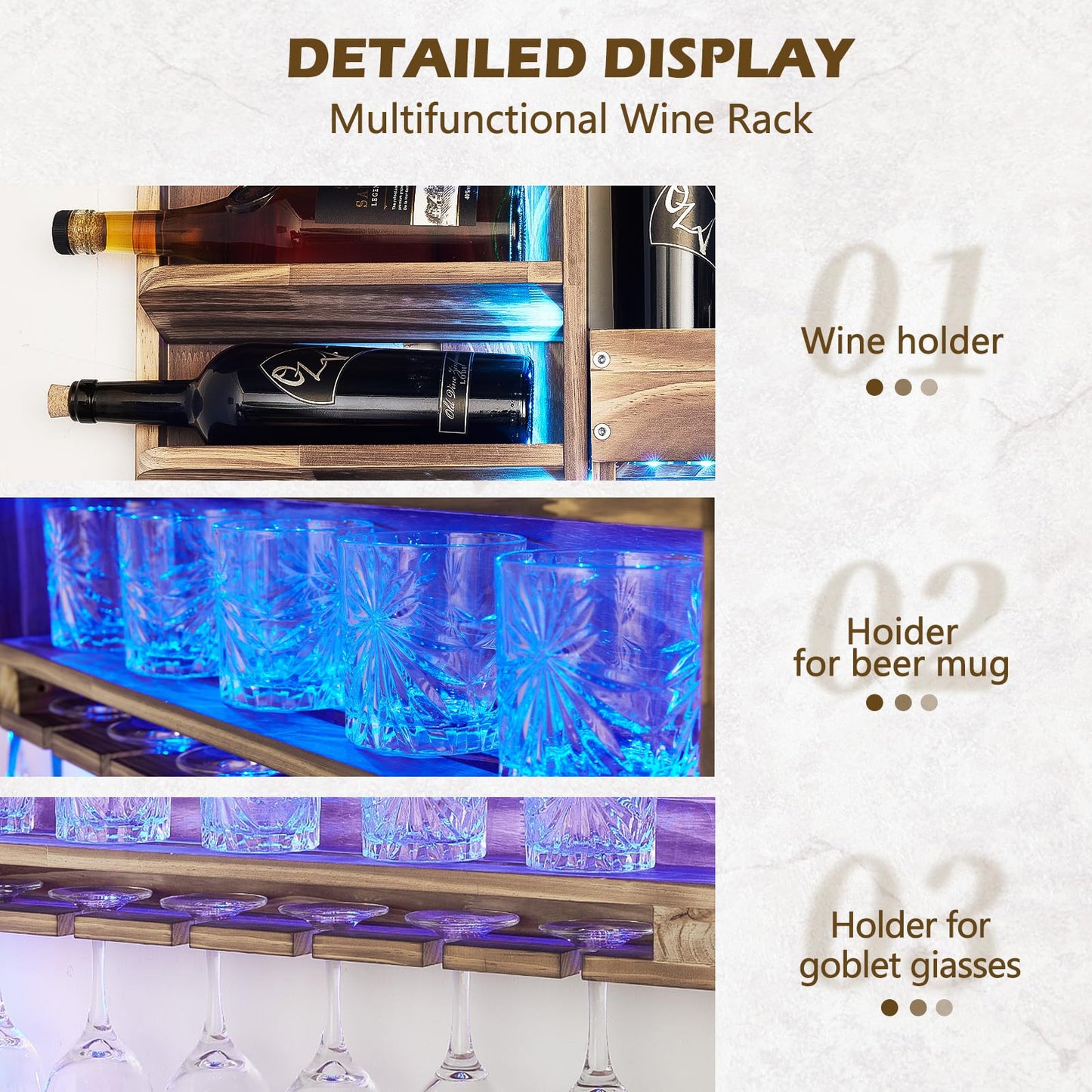Homde Wine Rack with LED Light Wall Mounted Wood,Alcohol Shelf with Bottle Stemware Glass Holder Rustic, Liquor Display Storage with Cork Storage for Home Bar Kitchen Decor