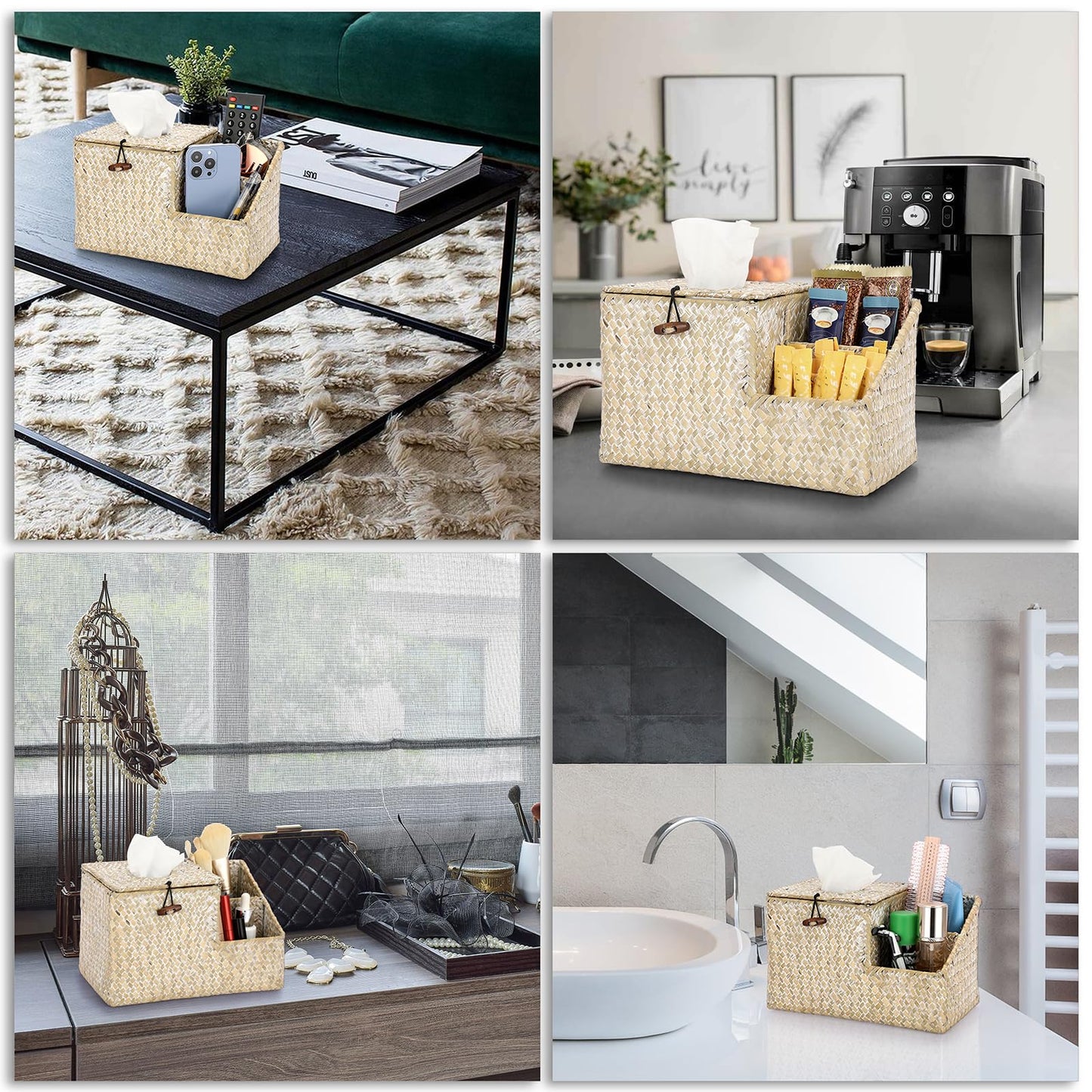 Sumnacon Tissue Box Cover-Square Woven Tissue Box Organizer for Desk Rustic Seagrass Tissue Box Holder with Side Organizer Decorative Cube Tissue Cover for Bathroom Home Office Table Counter Whitewash
