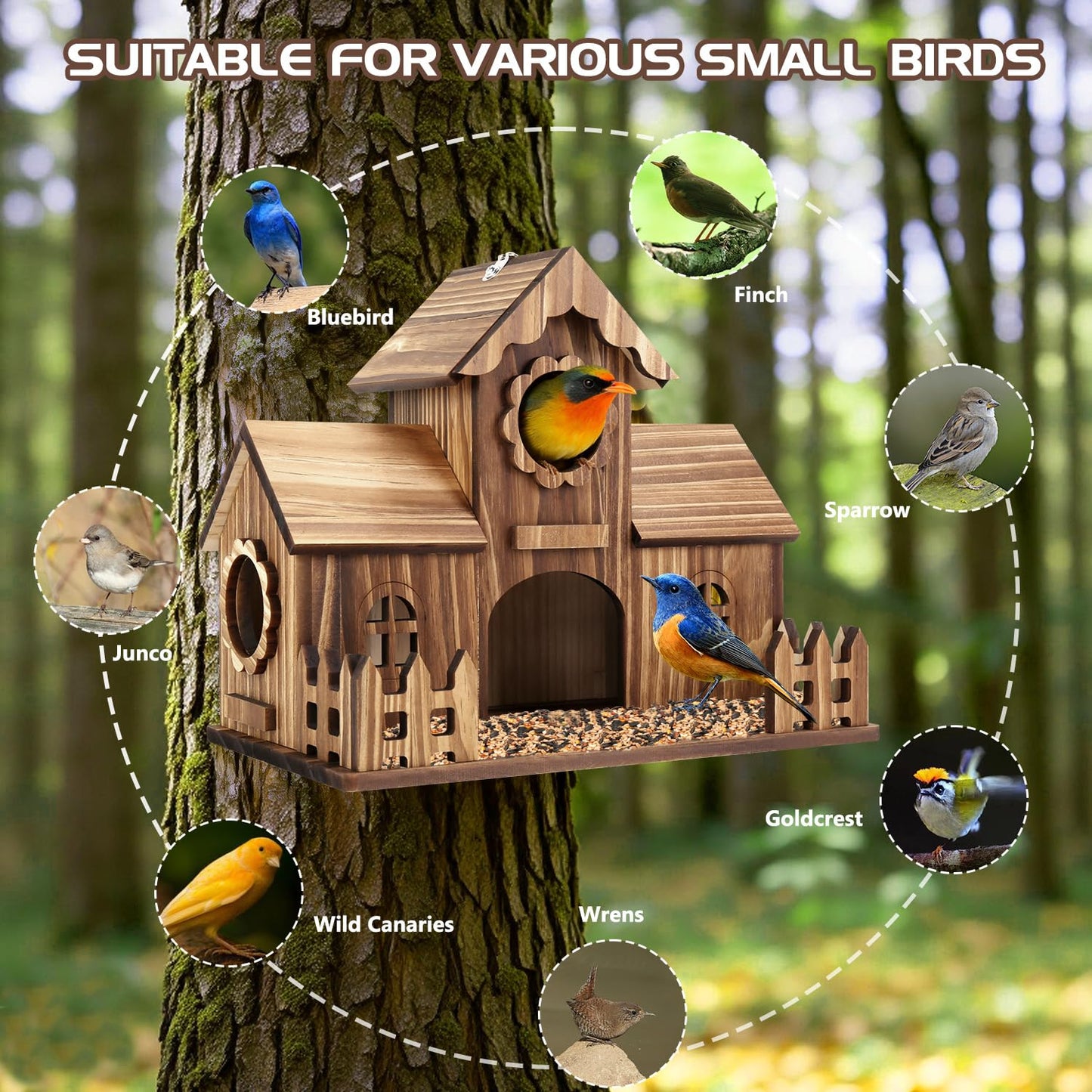 BlueYu Bird Houses for Outside with Fence Platform, 4-Hole Wooden Bird House, One-Piece Spacious Design, Hanging Birdhouse with Dual Hooks, Fits Bluebirds Sparrows Cardinals for Garden Backyard