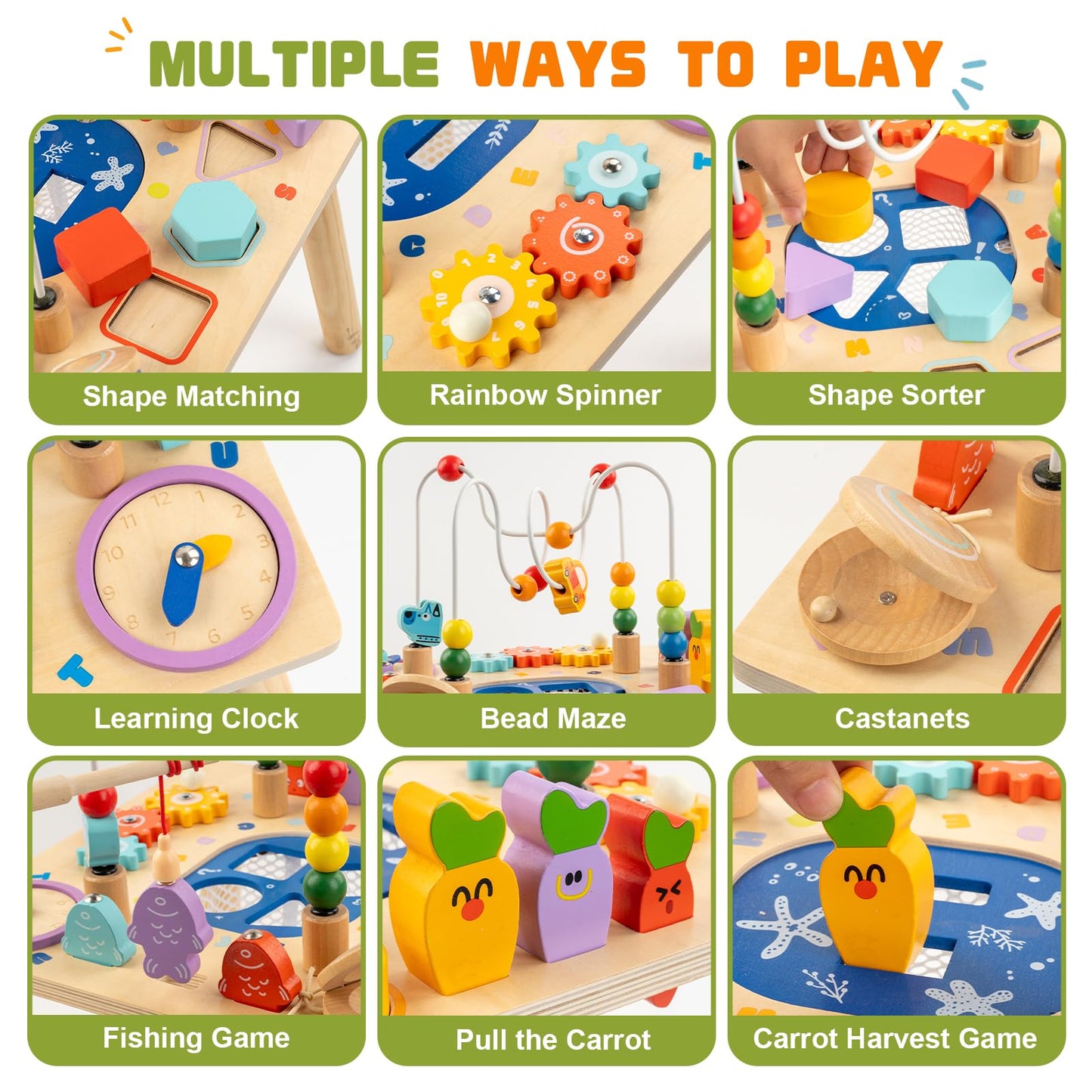 SJSYCSE Baby Activity Table for 1 Year Old, Wooden Sensory Table Activity Center with Bead Maze with Shape Sorter Fishing Game, 8 in 1 Learning Toys for Baby 12+ Months Boys Girls Gifts
