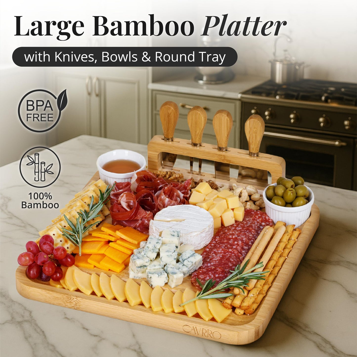 Charcuterie Board Set Bamboo with Cheese Knives and Bowls, Large Wooden Serving Platter for Entertaining, Housewarming and Wedding Gift by Cavrro