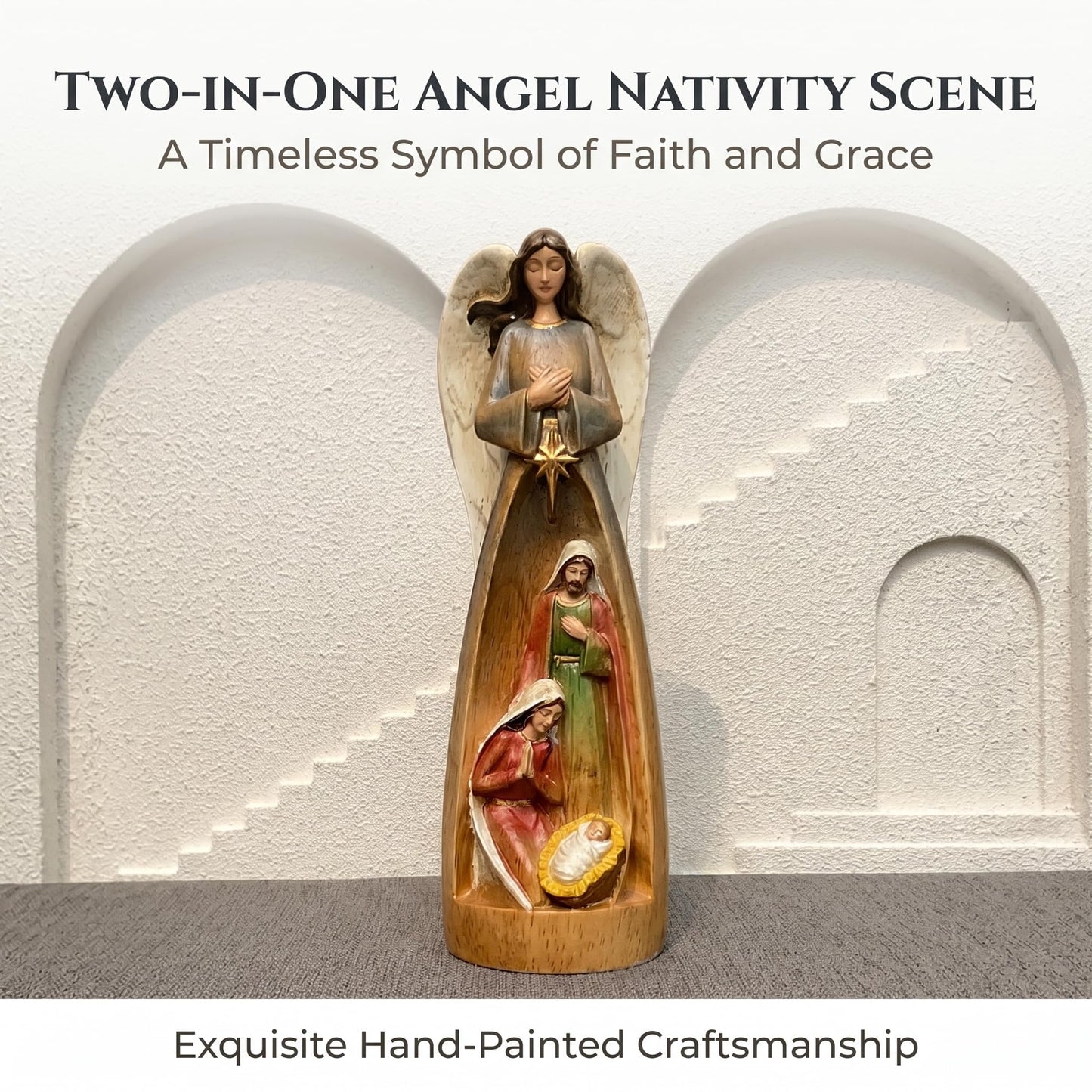 XXLTY Hand-Painted Wooden Carved Angel Nativity Scene Figurine Christmas Religious Decor Ornament for Home Table Display Holiday Decoration