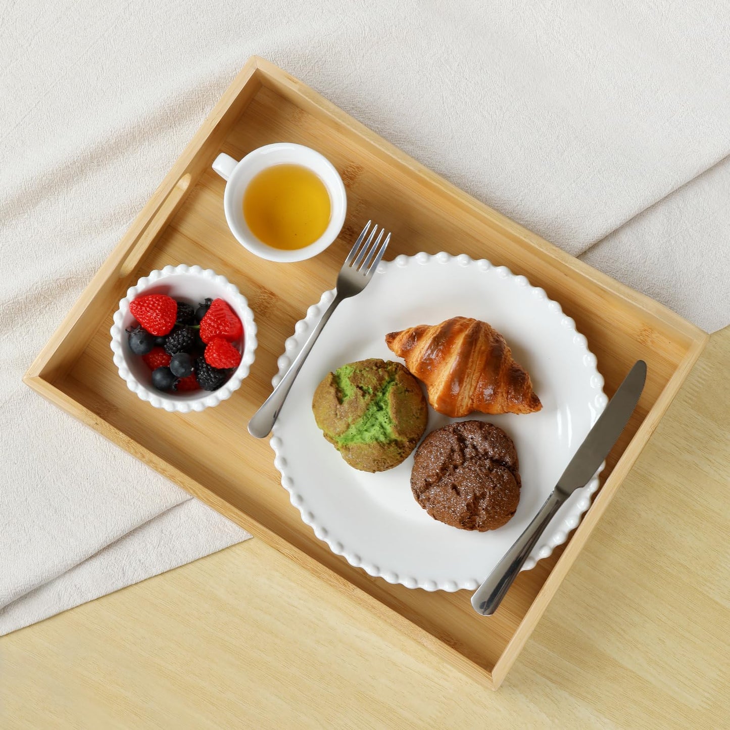 Gobam Bamboo Serving Tray with Handles (16.5-Inch), Solid Decorative Wood Tray for Ottoman Coffee Table, Natural Rectangle Breakfast in Bed Tray for Eating, Food and Drinks Platter
