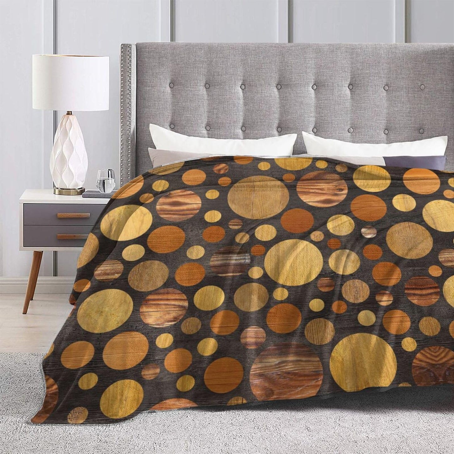 Abstract Circular Pattern Wooden Texture Reversible Flannel Throw Blanket- Ultra Soft Lightweight for Bed, Sofa, Travel & Camping 60"X50" Inch