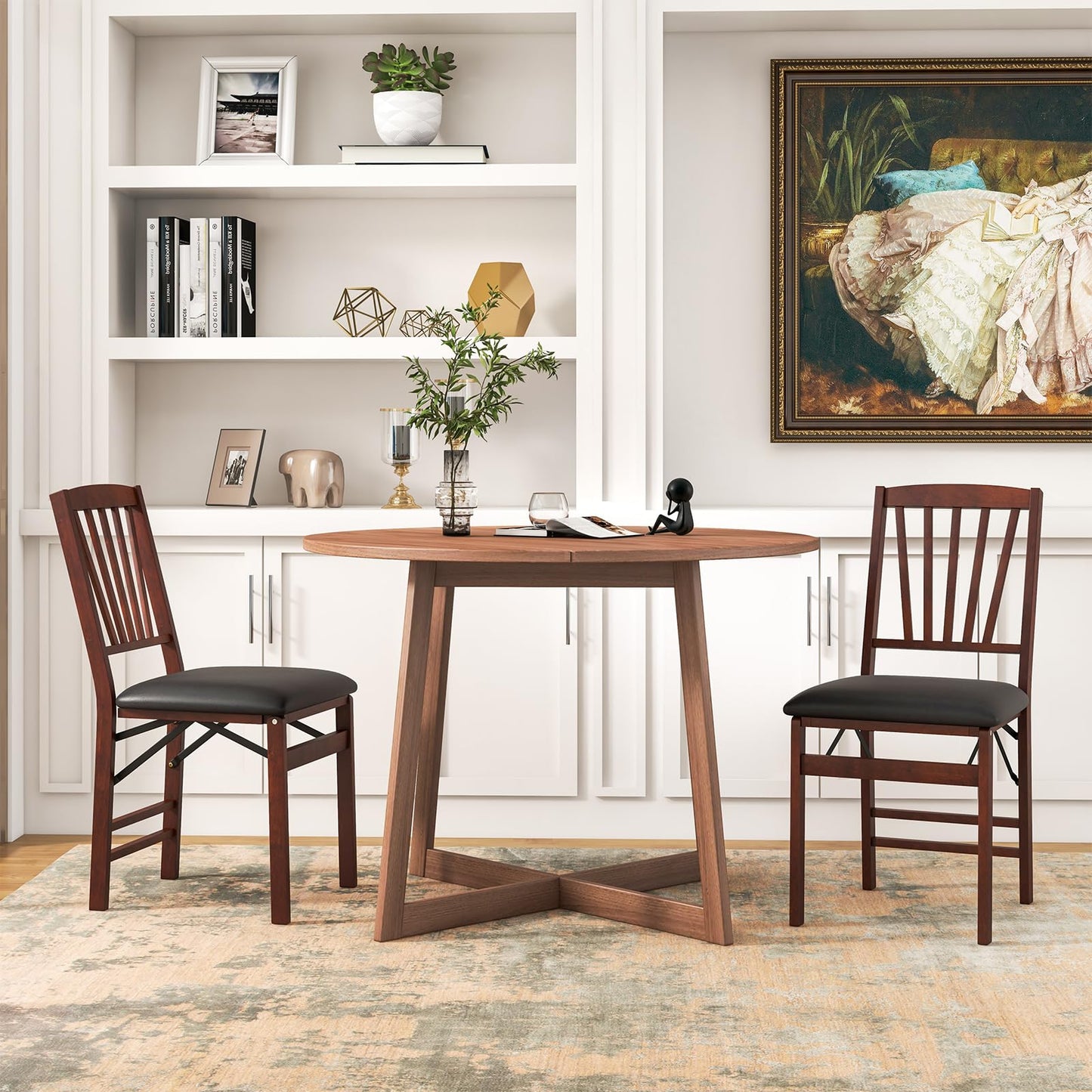 COSTWAY Folding Dining Chairs Set of 4, Upholstered Wooden Dining Room Chairs with PVC Padded Seat, Solid Wood Frame and 400LBS Capacity for Kitchen Apartment (Black & Brown)