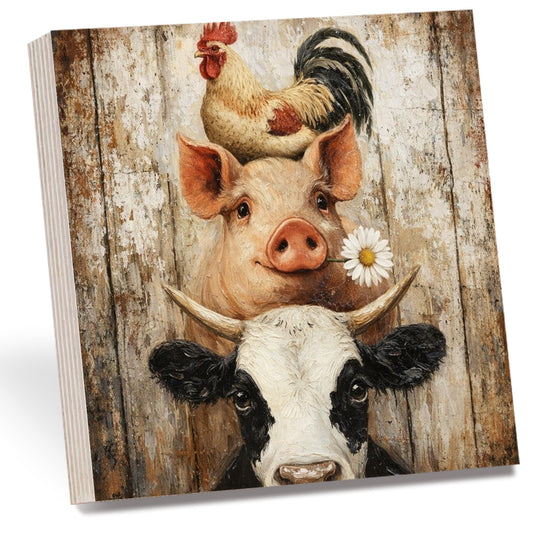 Farm Animal Wooden Block Sign Set, Rustic Barn Cow Pig Chicken Art, Country Farmhouse Decor, Vintage Freestanding Wood Shelf Sitter Sign Gift for Kitchen Tiered Tray