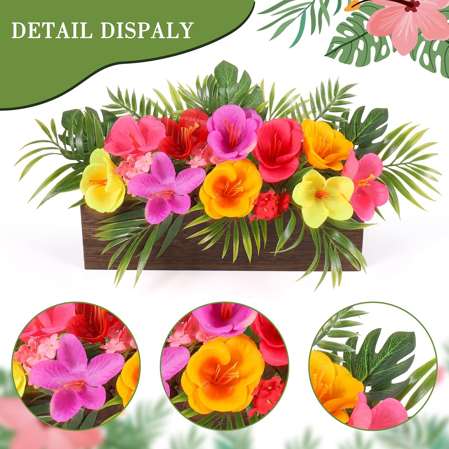 Dlerom Hawaiian Table Centerpieces Artificial Hibiscus Flowers Arrangements Wooden Crate, Wooden Planter with Tropical Palm Leaves for Summer Beach Tiered Tray Shelf Table Home Aloha Luau Party Decor