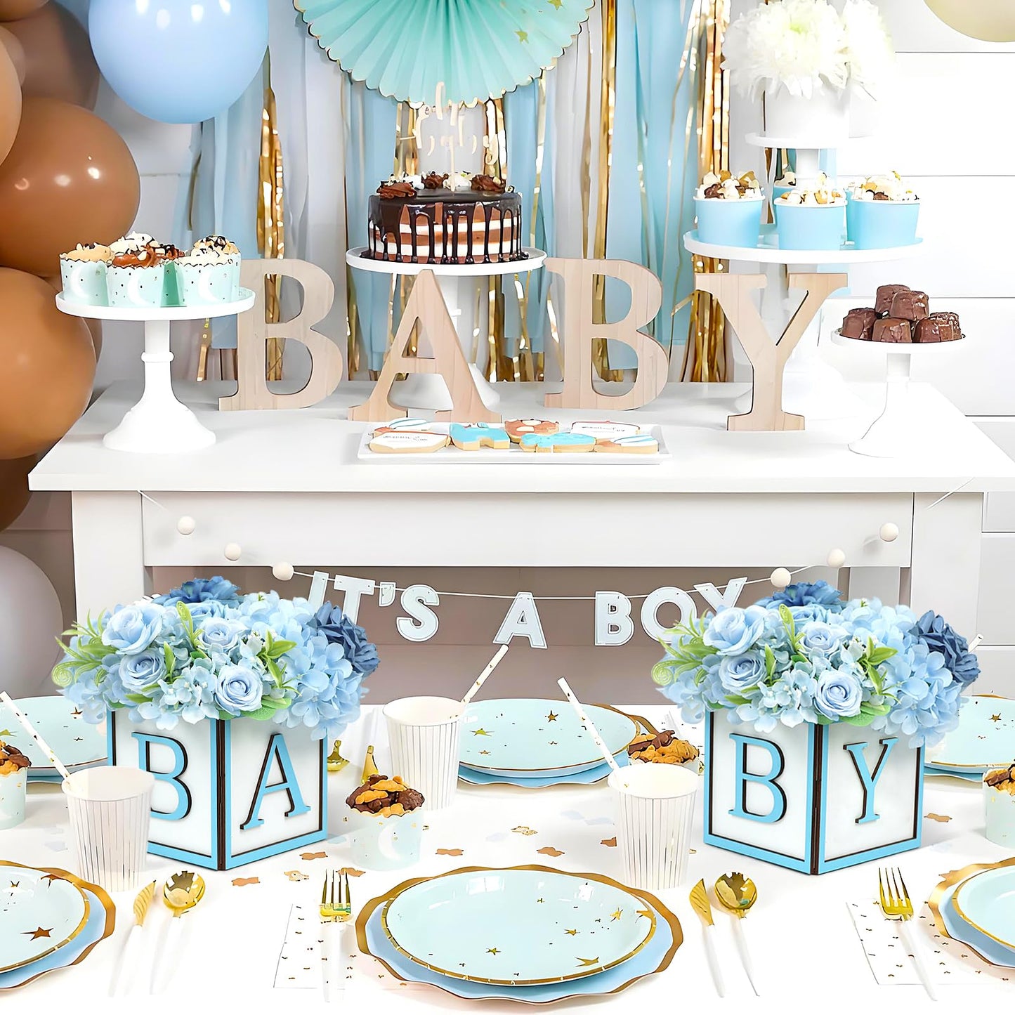 MASTRON Baby Shower Boxes Decorations 4Pcs Wood Baby Blocks with Printed Baby Letter, Blue Baby Shower Centerpieces for Table, Gender Reveal Neutral Baby Shower Supplies