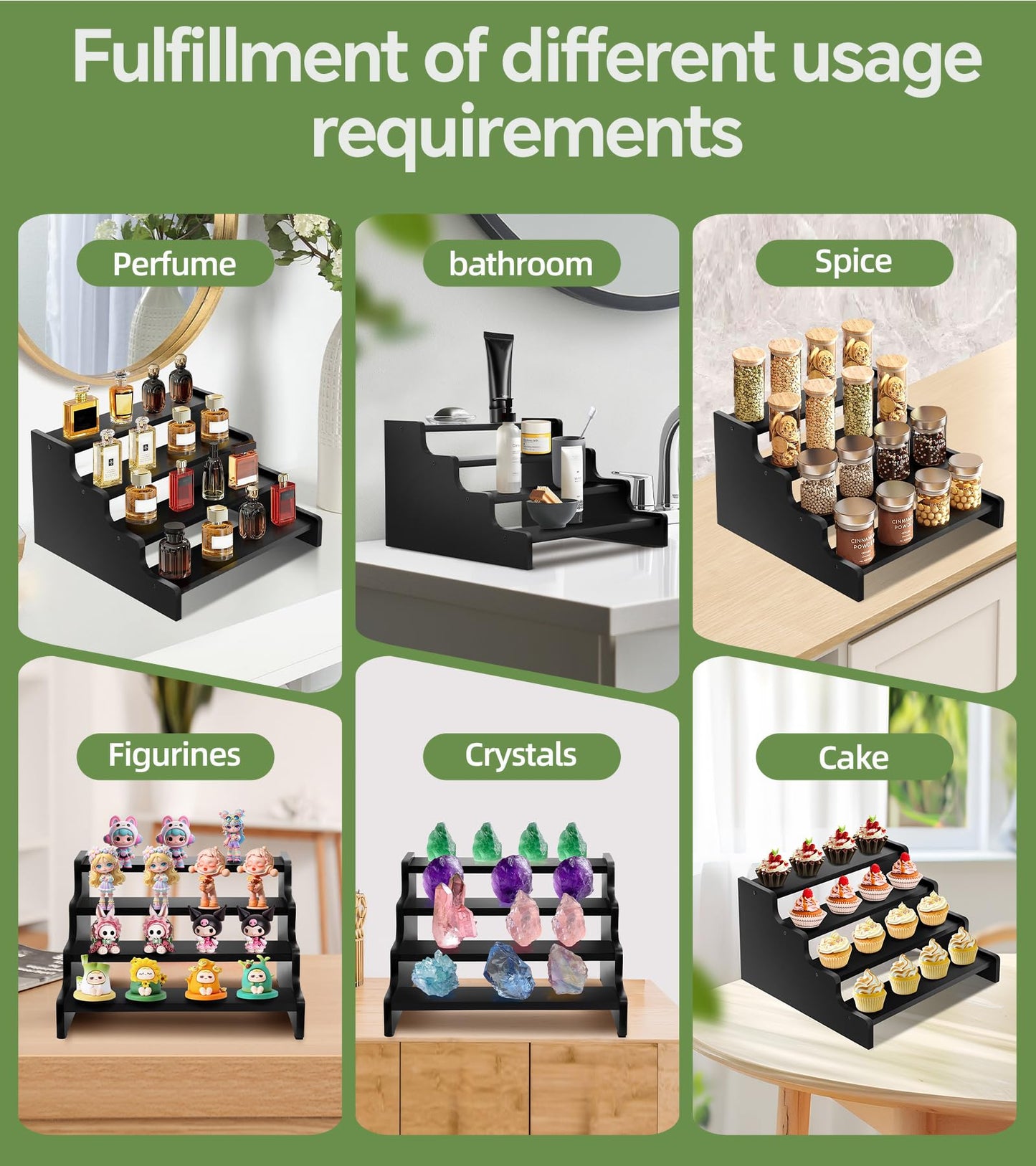 SEENYOO Wooden Cologne Organizer for Men, Perfume Organizer Stand, Cologne Stand with Anti-Slip Washers, Wooden Display Risers Stand for Dessert, Cupcake, Black, 4-tier-11.8in